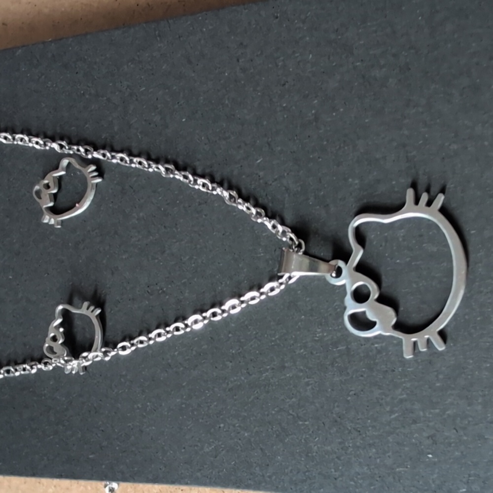 Cute Cat Necklace and Earring Stainless Steel Set